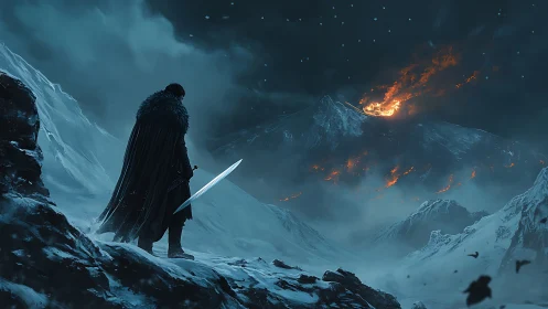 Solitary warrior observes erupting volcano across glacial valley