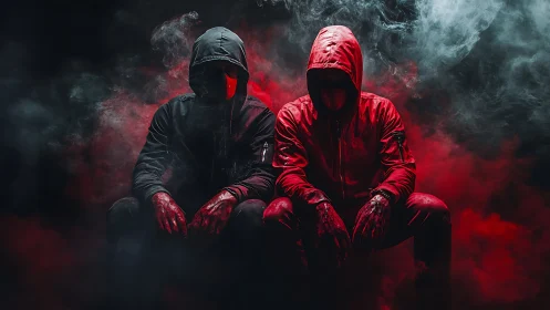 Hooded figures seated in dense red and gray atmospheric smoke.