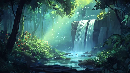 Enchanted Forest Waterfall Hidden in Glowing Mist