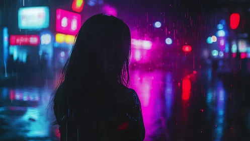 Silhouetted figure in neon rain on reflective city street.