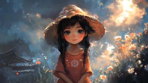 Sunlit daydream girl steadies wildflowers and stormlight