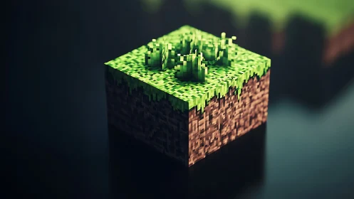 Voxel grass terrain cube rendered with cinematic 3D lighting
