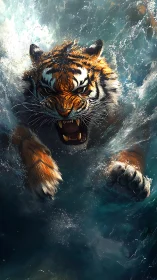 Roaring tiger surges through turbulent water in dynamic view