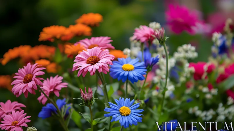 Garden flowers in bloom, colorful daisies and dahlias.