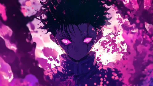 Cursed anime boy radiates intense violet psychic energy