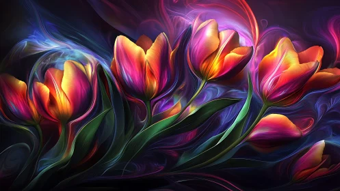 Luminous tulip dreams swirling through midnight color.