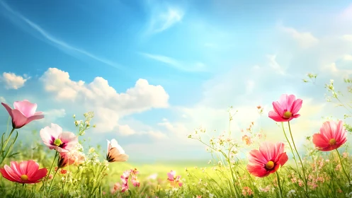 Field of cosmos flowers under clear blue sky with white clouds.