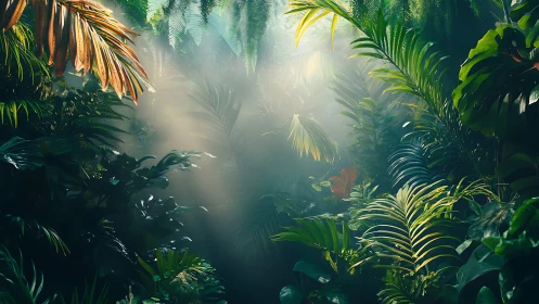 Tropical forest canopy with diffused sunlight penetration through vegetation.