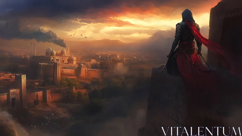 Hooded rogue overlooks ancient desert city at sunset.