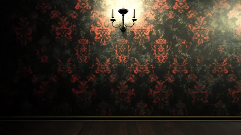 Ornate wall sconce over red damask wallpaper in moody light.