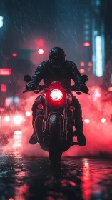 Motorcyclist framed by neon haze on rain-soaked city street.