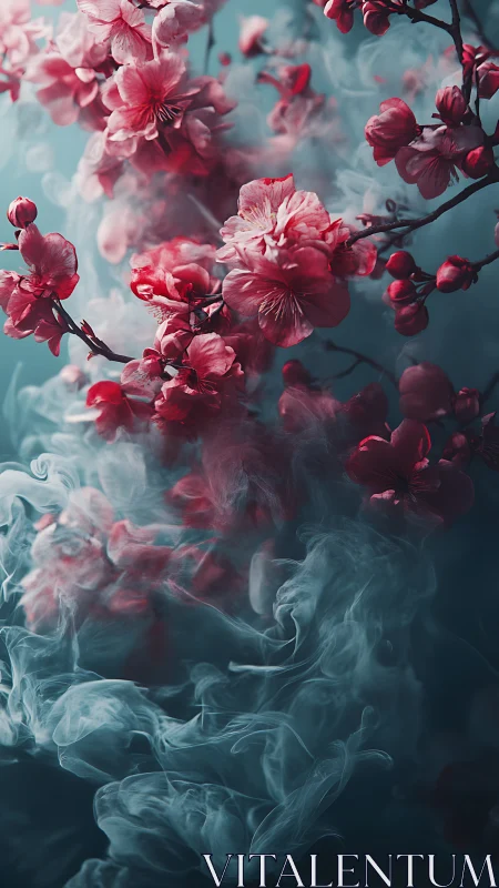 Cherry blossoms drift through swirling teal mist
