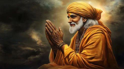 Elderly spiritual man in saffron robes with folded hands.