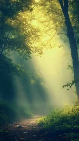 Sunlit Forest Path Through Misty Woods.