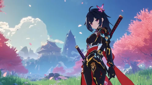 Samurai heroine in sakura valley with cel shaded armor design.