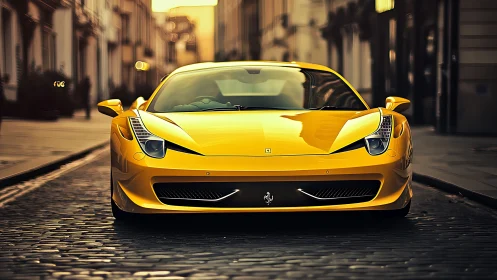 Yellow sports car stands centered on cobblestone street