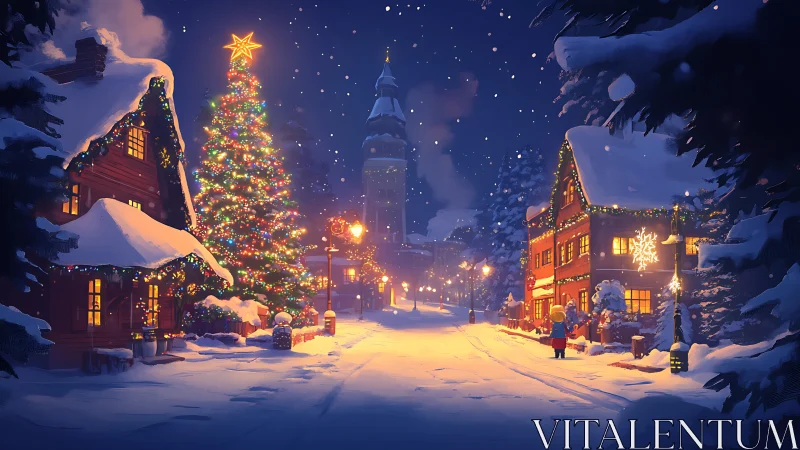 Snowy village street with large decorated Christmas tree.