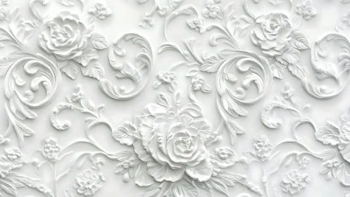 Ornate white floral bas relief with sculpted baroque curves.