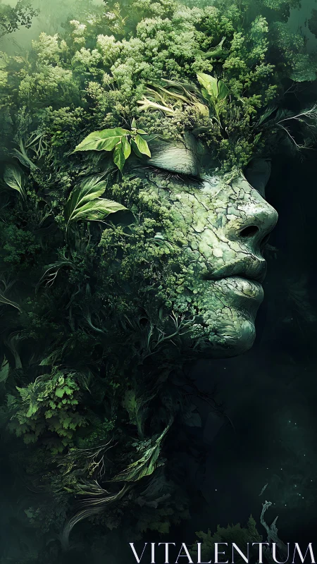 Vegetation encrusted human face merging with dense foliage.
