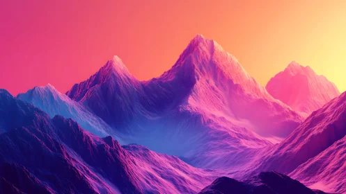 Neon gradient alpine mountain range in atmospheric haze glow.
