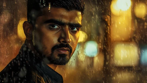 Cinematic male portrait against neon bokeh in rainy ambience