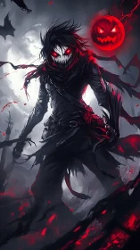 Dark cloaked figure with jack o lantern and red accents at night.