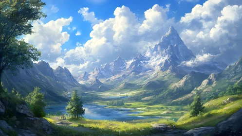 Vast alpine valley beneath a towering, sunlit peak.