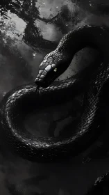 Obsidian serpent coiled in monochrome reflective shadows.