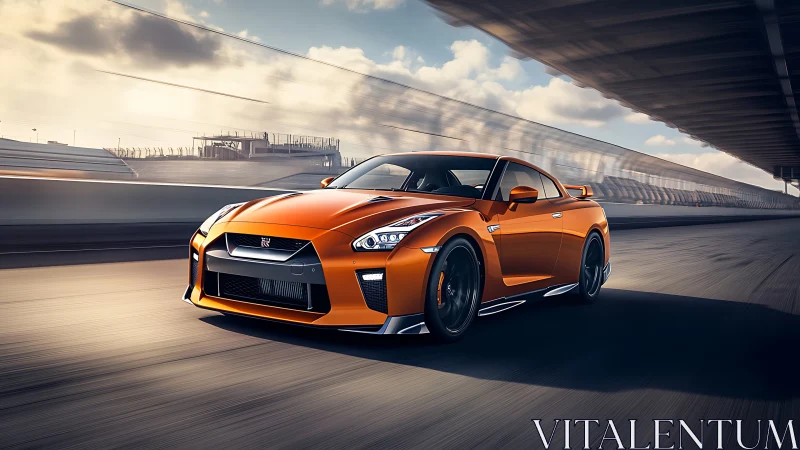 Orange sports coupe accelerates along modern racetrack.