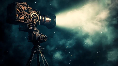 Vintage film projector emits focused beam into smoky air