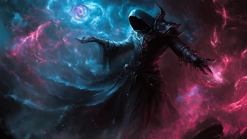 Arcane warlock commands swirling cyan and crimson nebulae.