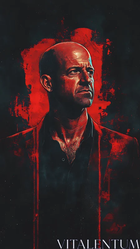 Bald male portrait in red and black digital illustration.
