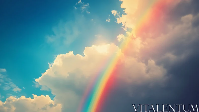 Sunlit rainbow slicing through bright cumulus clouds.