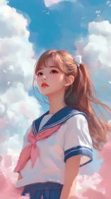 Anime schoolgirl under soft cumulus sky in pastel hues