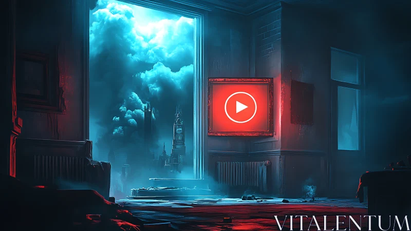 Cyan storm gateway and red play icon in ruined interior.