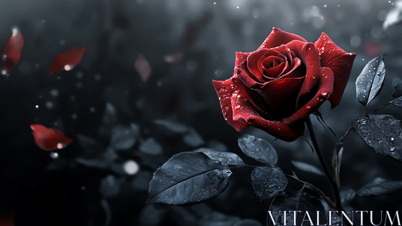 Red rose with water droplets against dark moody background