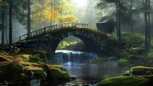 Arched stone bridge spans misty forest creek in soft morning light
