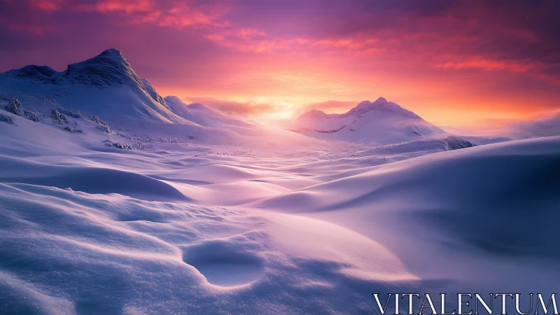 Snow-covered mountains under vivid winter sunset light.