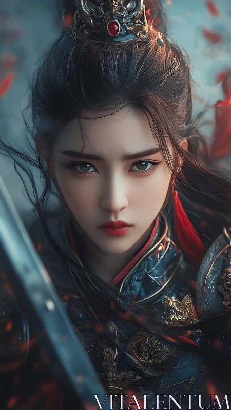 Fierce female warrior in ornate armor and red crown focus.