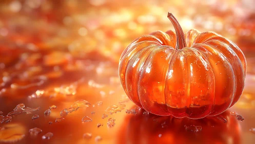Refractive glass pumpkin under volumetric autumnal lighting.
