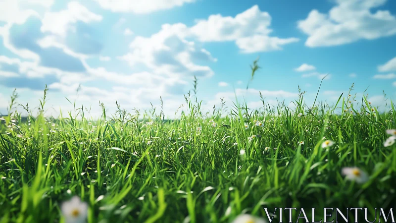 Sunlit meadow whispers upward beneath drifting cotton clouds