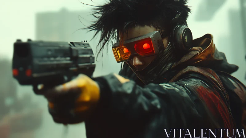 Cyberpunk gunfighter with red visor targeting viewer.