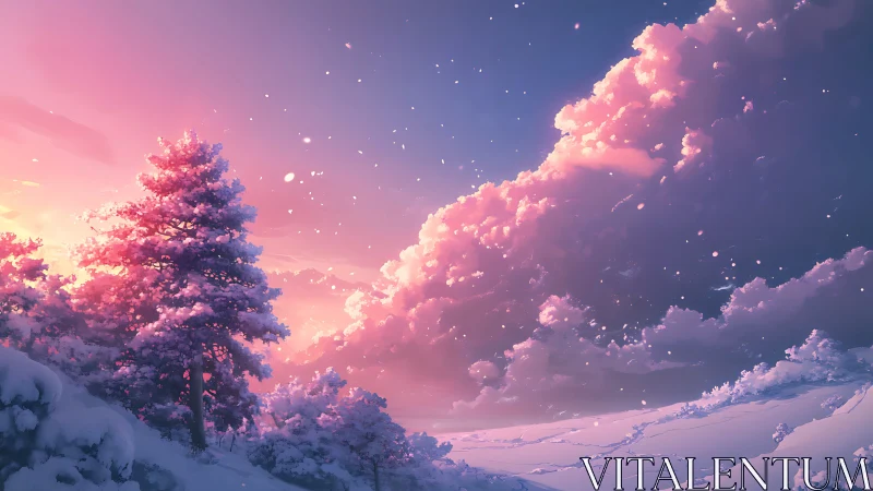 Winter trees under pink clouds at sunset over open snowfield.