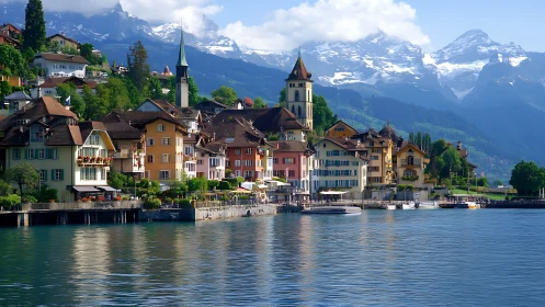 Colorful lakeside European village with mountain backdrop.