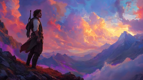 Solitary traveler on mountain ridge under vivid sunset sky.