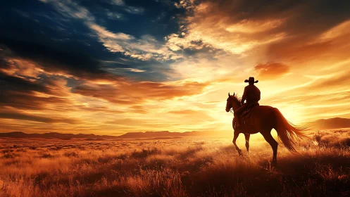 Lone cowboy rides into a wildfire sunset over golden plains.