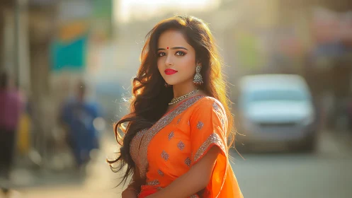 Woman in orange saree on sunlit urban street background.