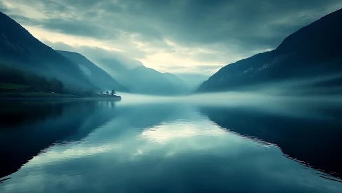 Foggy mountain fjord reflects moody dawn sky on still water