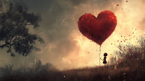 Child Holding Giant Heart Balloon at Sunset.