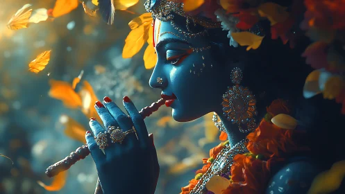 Blue divine figure plays flute amid swirling golden petals.